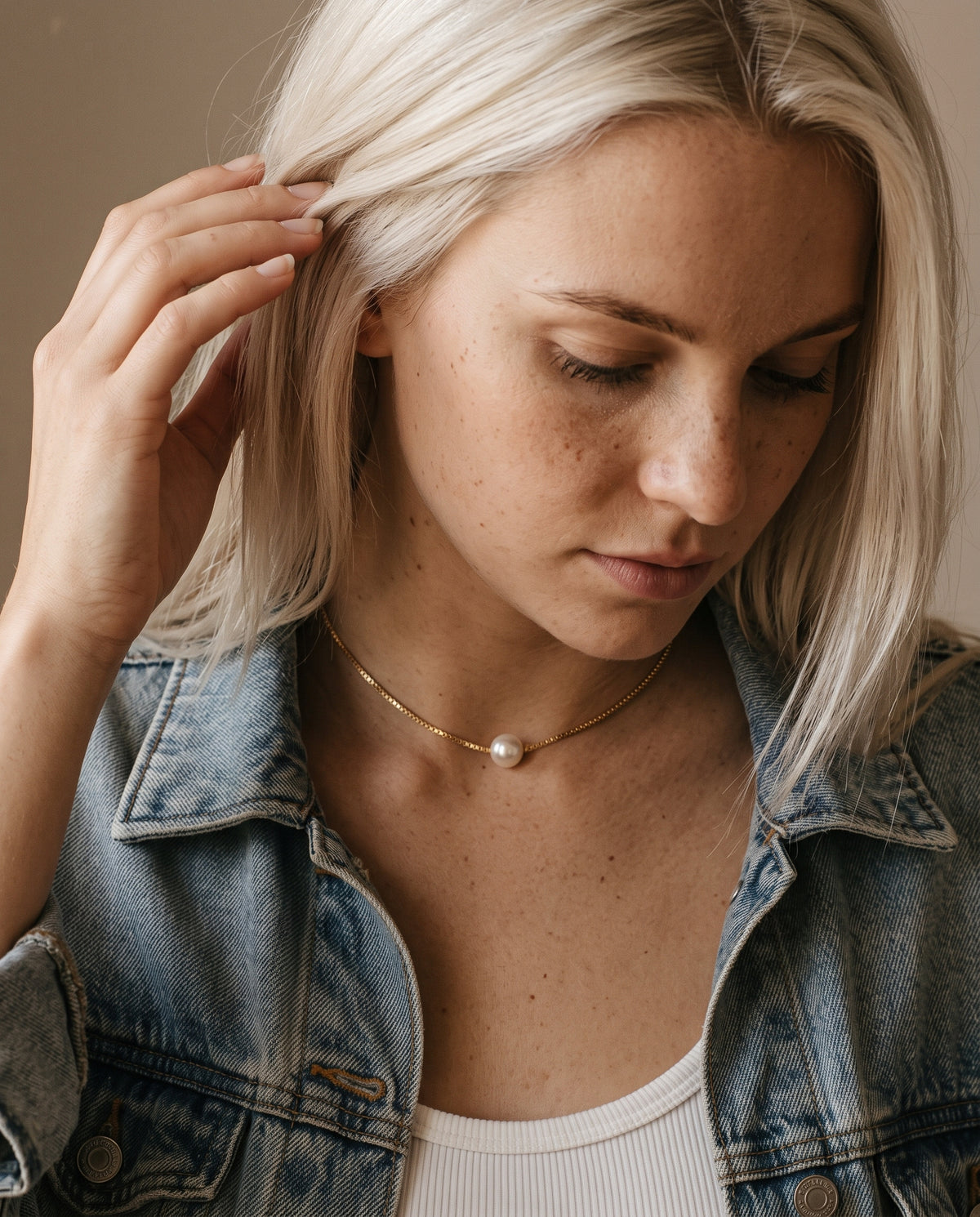 Gold Filled Pearl Box Necklace worn by a model