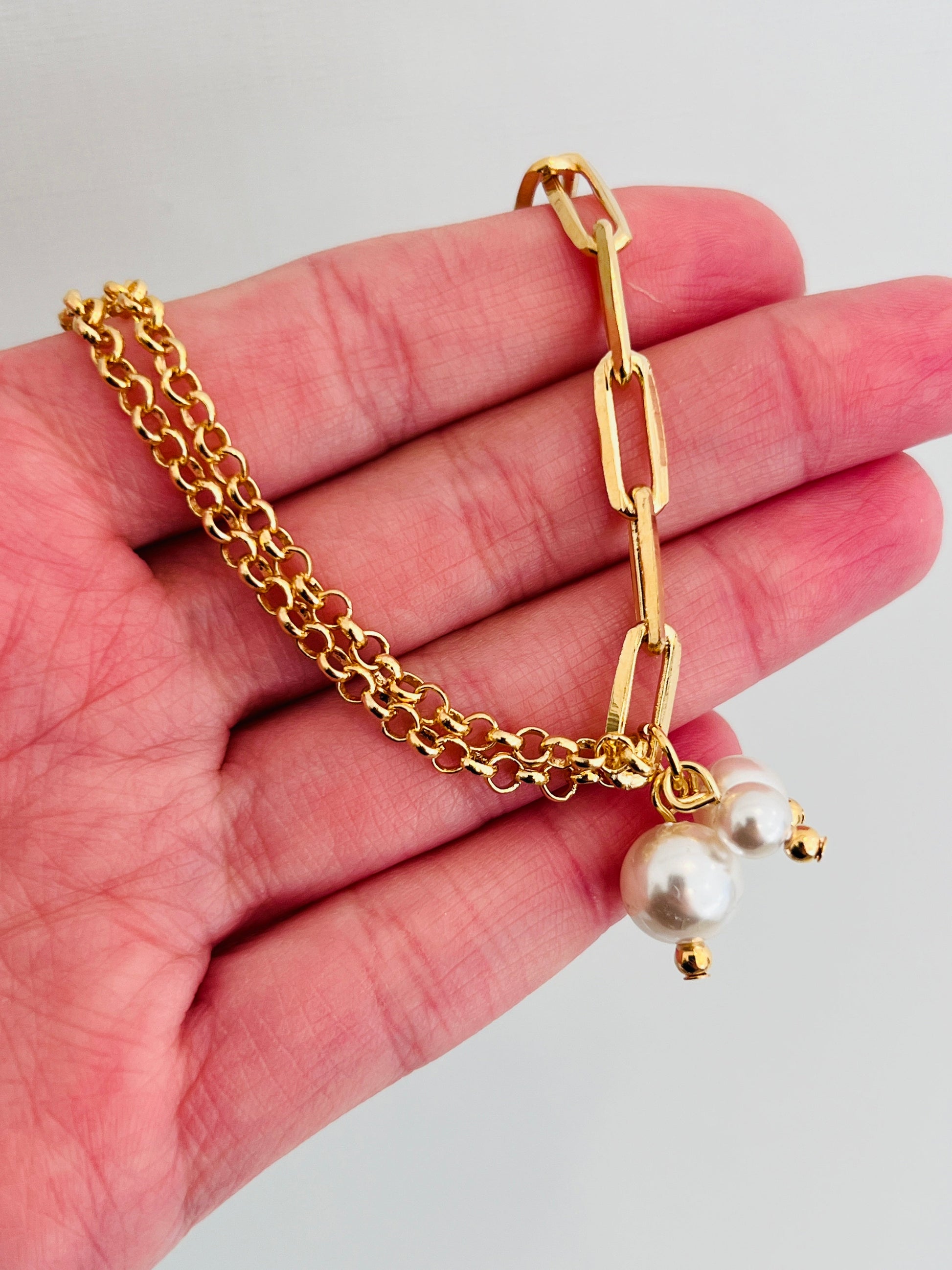 18KT Gold Filled Bracelets, Gold Filled Pearl Charm Bracelet | Dainty Layering Piece by HAUS OF MONOGRAM