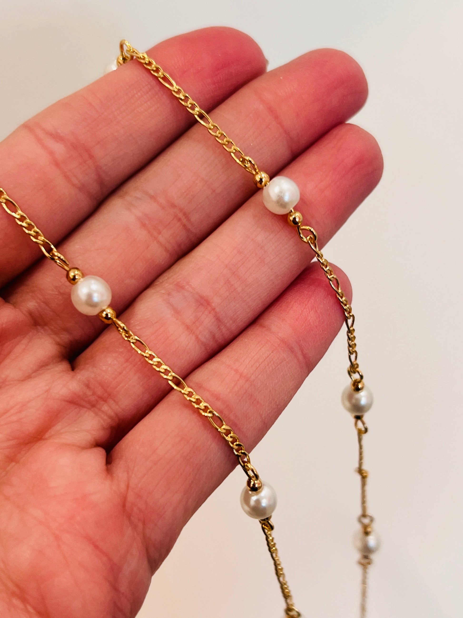 18KT Gold Filled Necklaces, Gold Filled Pearl Figaro Necklace | 6mm Beaded Chain by HAUS OF MONOGRAM