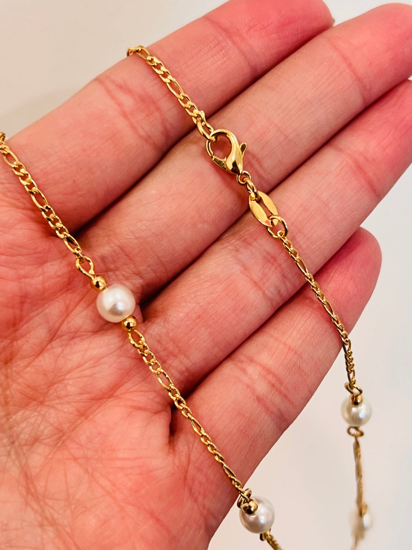 18KT Gold Filled Necklaces, Gold Filled Pearl Figaro Necklace | 6mm Beaded Chain by HAUS OF MONOGRAM