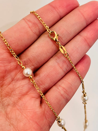 18KT Gold Filled Necklaces, Gold Filled Pearl Figaro Necklace | 6mm Beaded Chain by HAUS OF MONOGRAM
