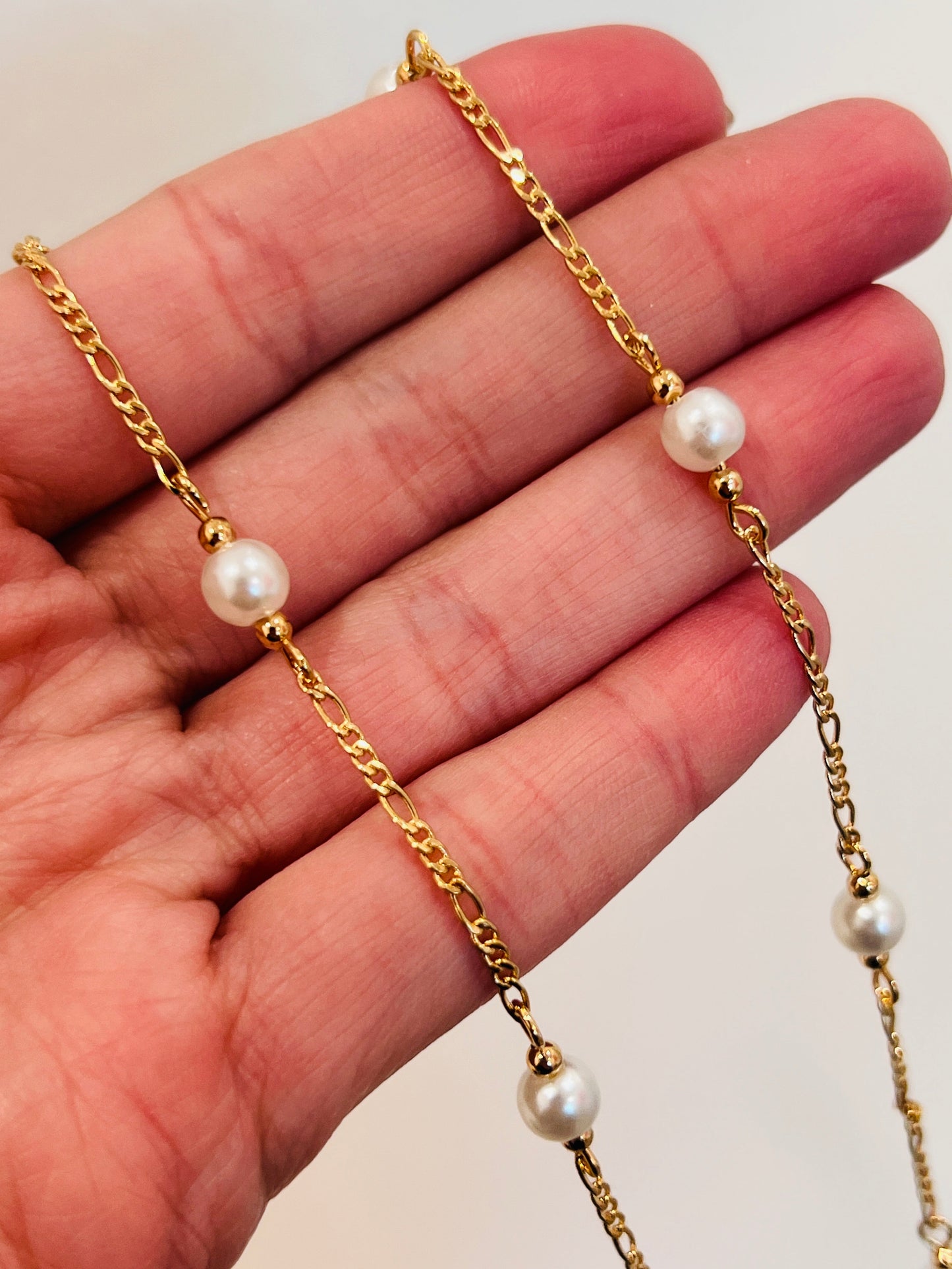 18KT Gold Filled Necklaces, Gold Filled Pearl Figaro Necklace | 6mm Beaded Chain by HAUS OF MONOGRAM