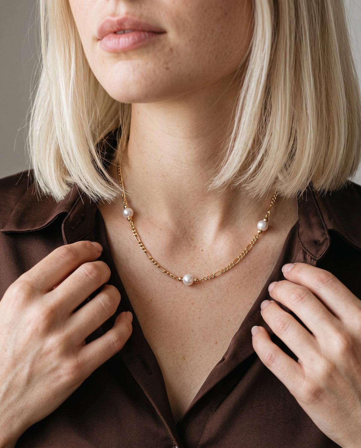 Gold Filled Pearl Figaro Necklace worn by a model
