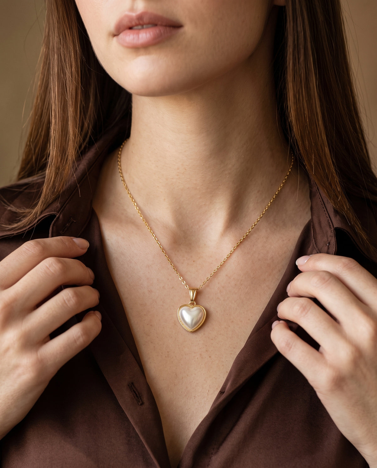 Gold Filled Pearl Heart Necklace worn by a model