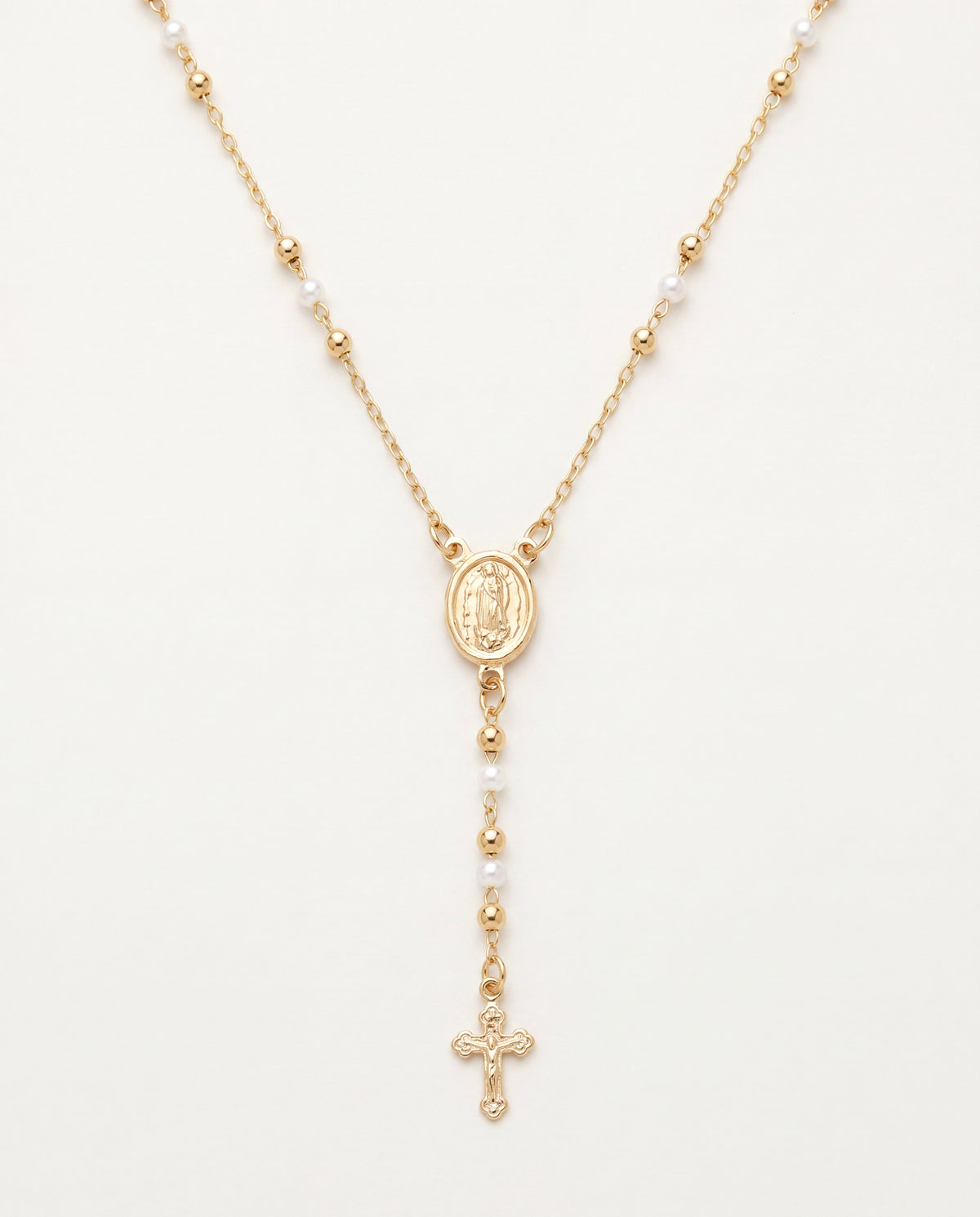 18KT Gold Filled Necklaces, Gold Filled Pearl Rosary Necklace | 16.5" Dainty Cross Pendant Chain by HAUS OF MONOGRAM