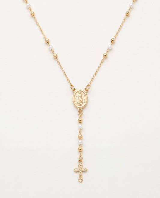 18KT Gold Filled Necklaces, Gold Filled Pearl Rosary Necklace | 16.5" Dainty Cross Pendant Chain by HAUS OF MONOGRAM