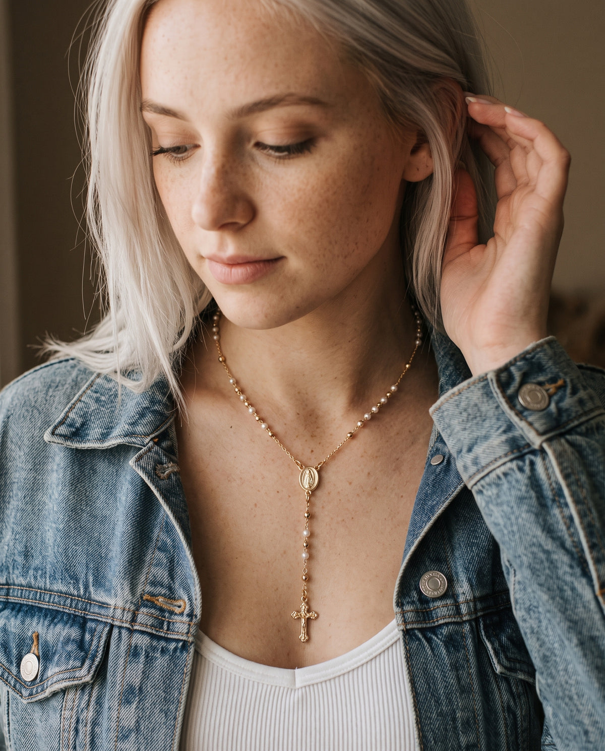 Gold Filled Pearl Rosary Necklace worn by a model