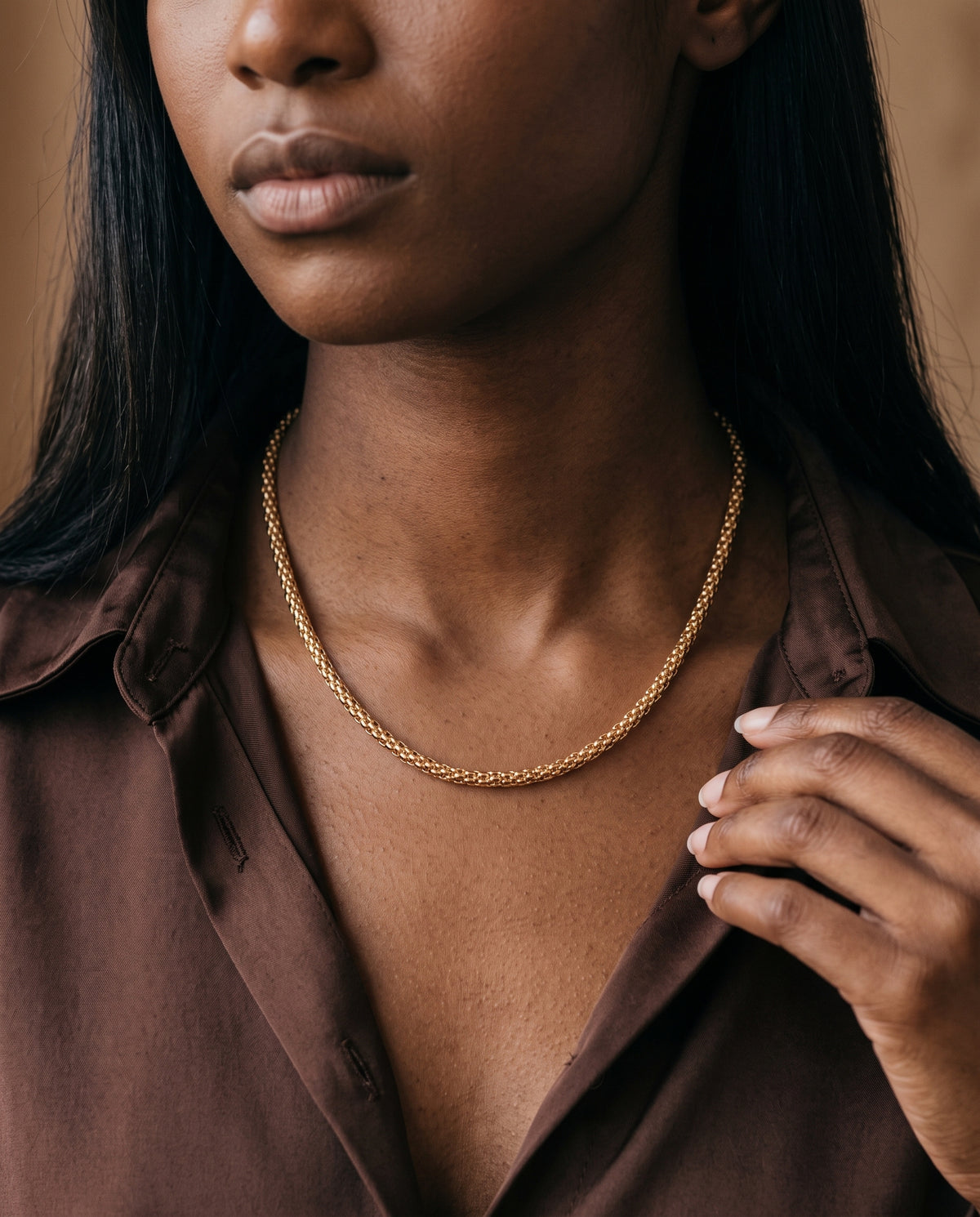 Gold Filled Popcorn Chain worn by a model
