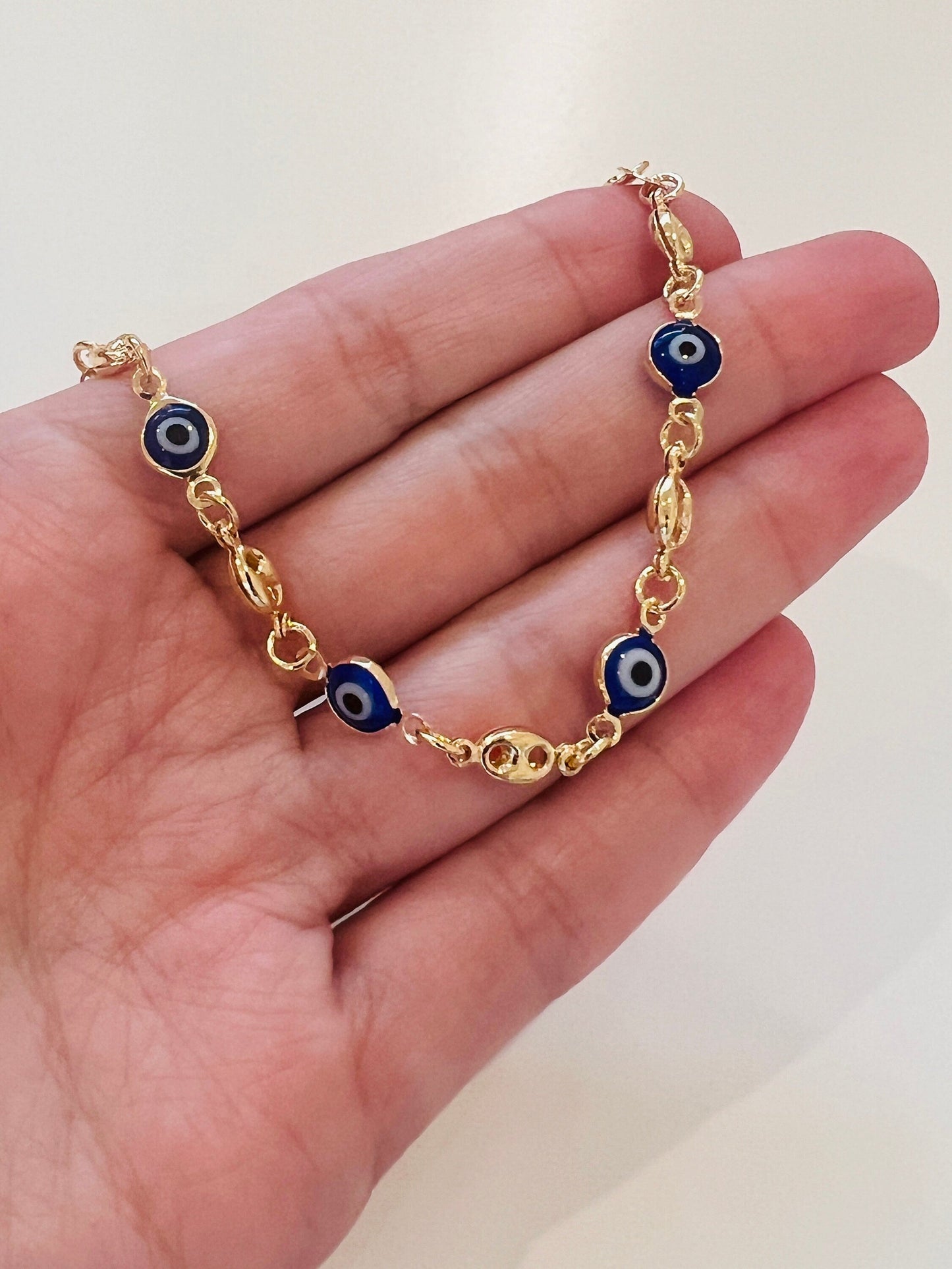 18KT Gold Filled Bracelets, Gold Filled Puff Bracelet | Evil Eye Accent | 7" to 7.5" by HAUS OF MONOGRAM