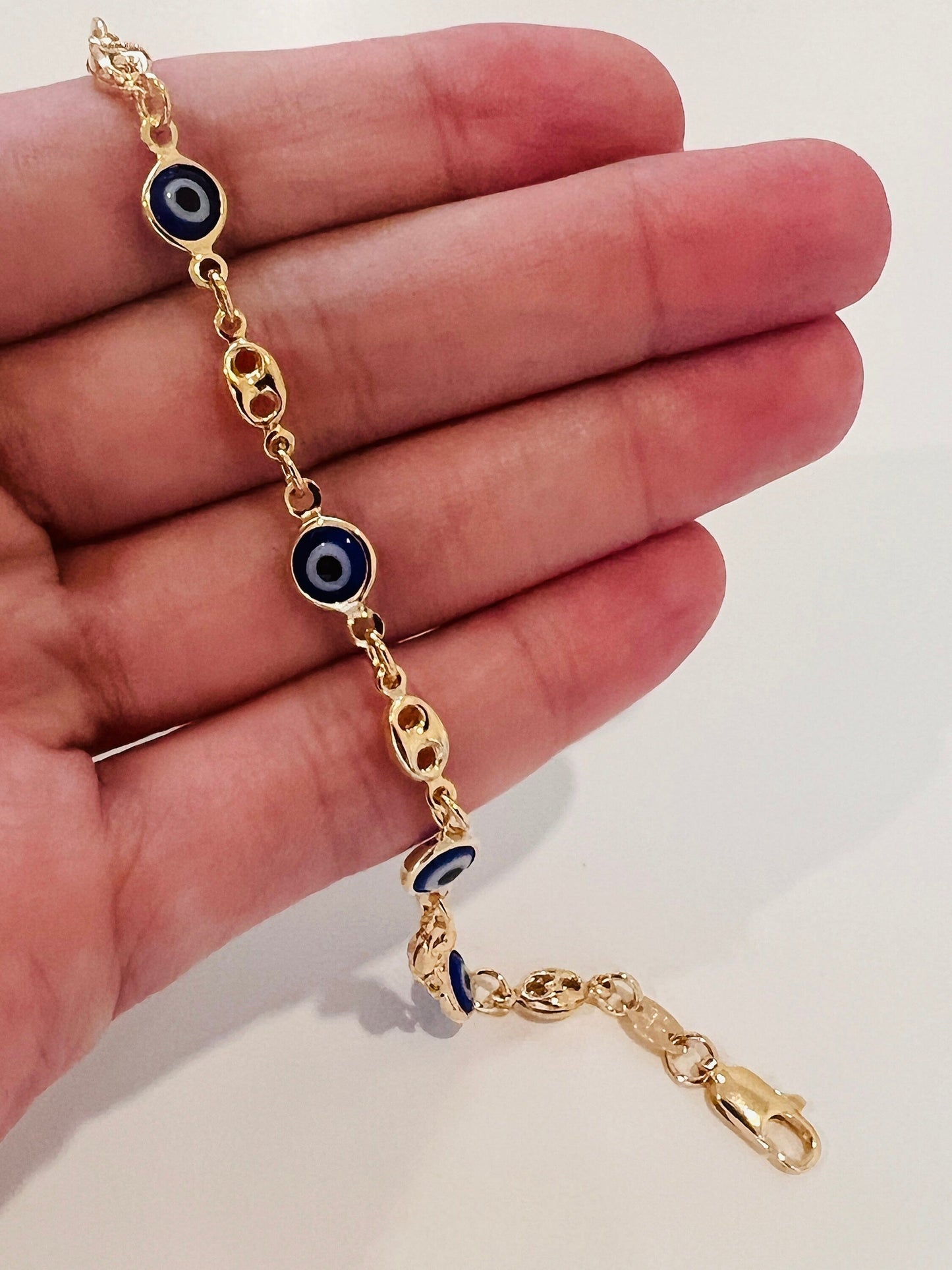 18KT Gold Filled Bracelets, Gold Filled Puff Bracelet | Evil Eye Accent | 7" to 7.5" by HAUS OF MONOGRAM