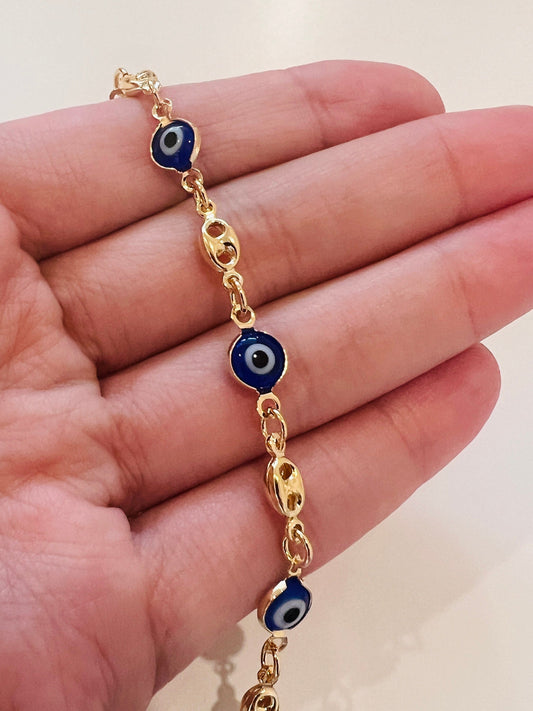 18KT Gold Filled Bracelets, Gold Filled Puff Bracelet | Evil Eye Accent | 7" to 7.5" by HAUS OF MONOGRAM