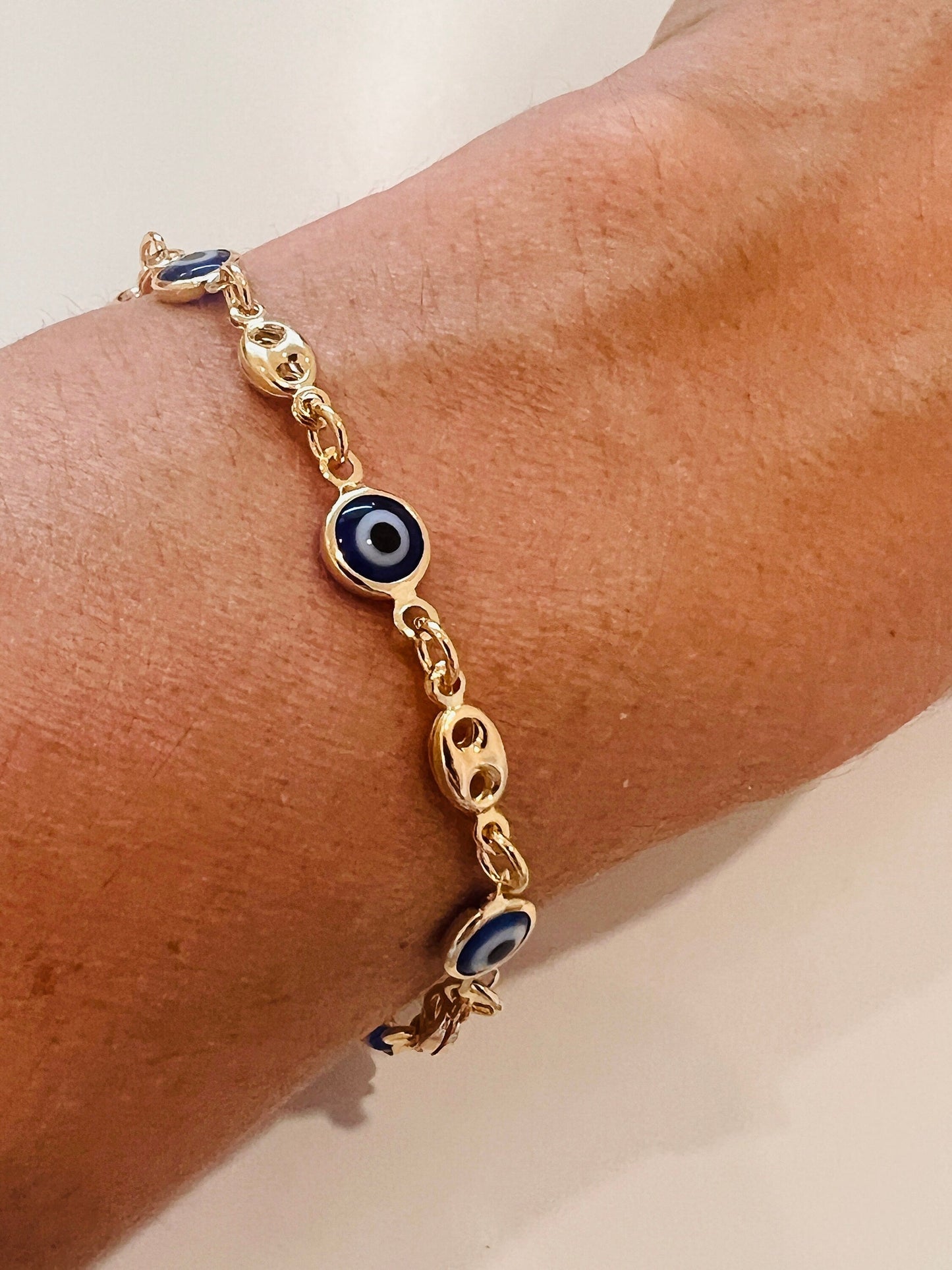 18KT Gold Filled Bracelets, Gold Filled Puff Bracelet | Evil Eye Accent | 7" to 7.5" by HAUS OF MONOGRAM
