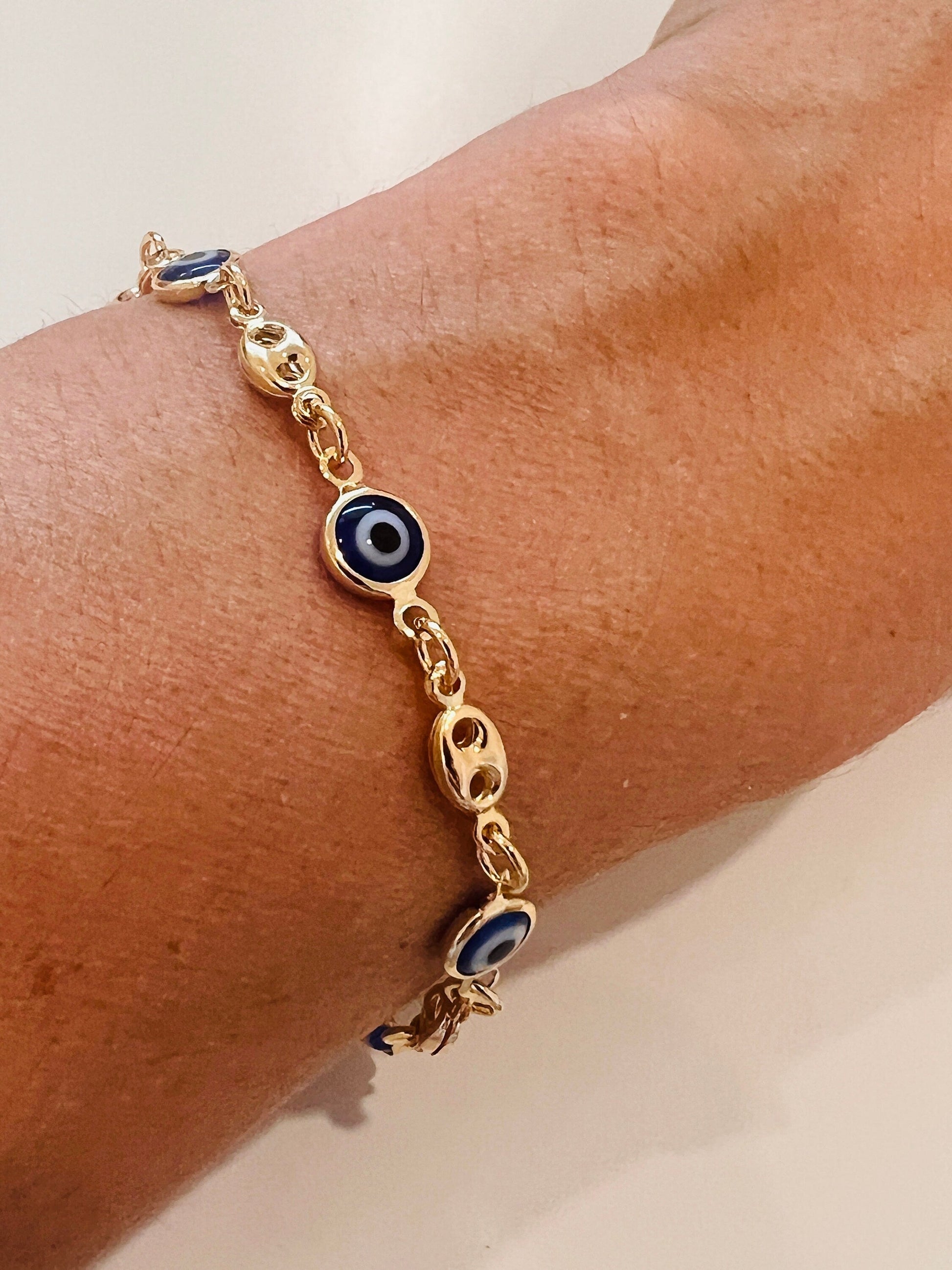 18KT Gold Filled Bracelets, Gold Filled Puff Bracelet | Evil Eye Accent | 7" to 7.5" by HAUS OF MONOGRAM