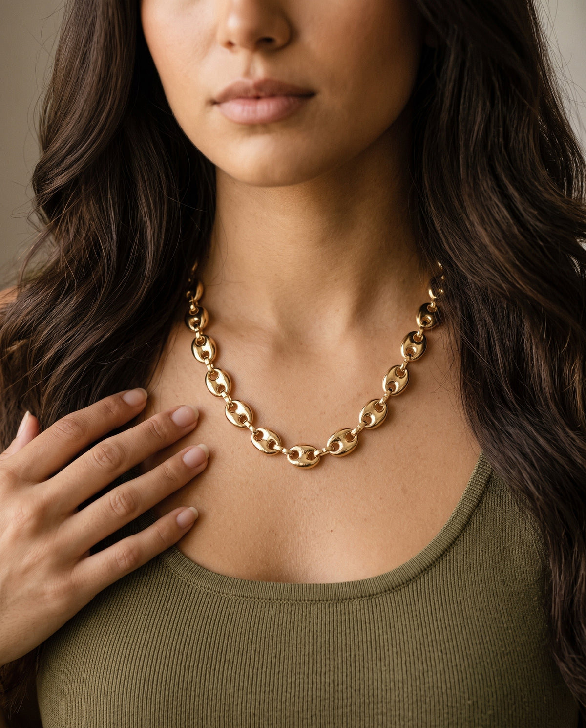 Gold Filled Puff Chain Necklace worn by a model