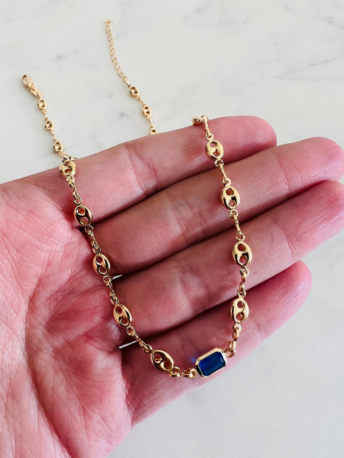 18KT Gold Filled Necklaces, Gold Filled Puff Necklace | Blue Gemstone Accent 16" + Ext by HAUS OF MONOGRAM