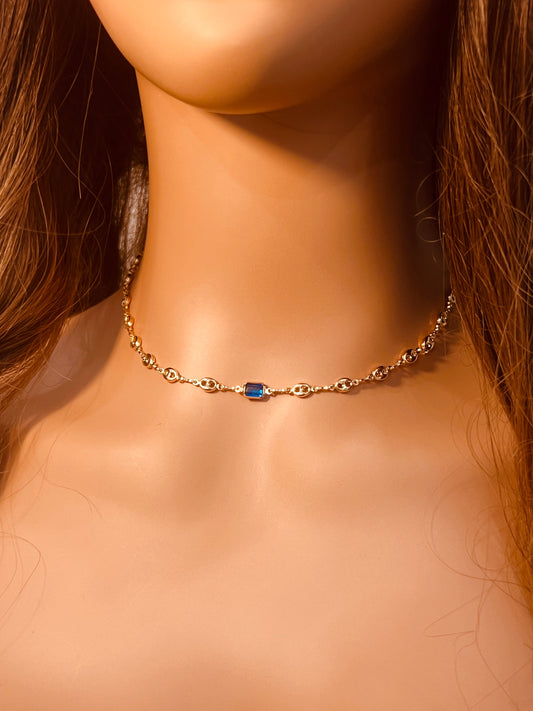 18KT Gold Filled Necklaces, Gold Filled Puff Necklace | Blue Gemstone Accent 16" + Ext by HAUS OF MONOGRAM