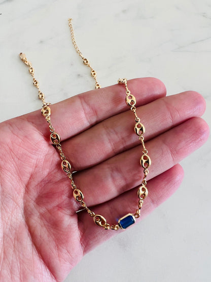 18KT Gold Filled Necklaces, Gold Filled Puff Necklace | Blue Gemstone Accent 16" + Ext by HAUS OF MONOGRAM
