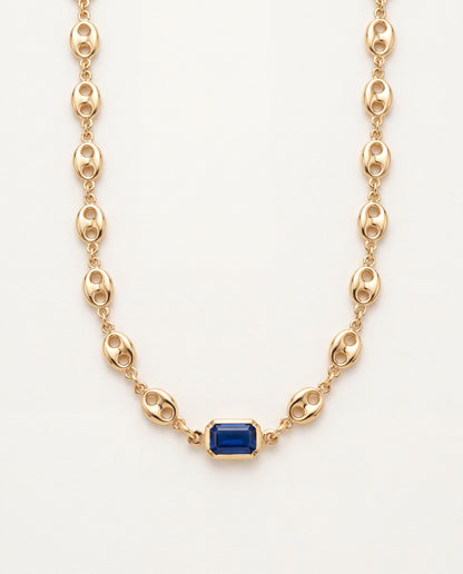 18KT Gold Filled Necklaces, Gold Filled Puff Necklace | Blue Gemstone Accent 16" + Ext by HAUS OF MONOGRAM