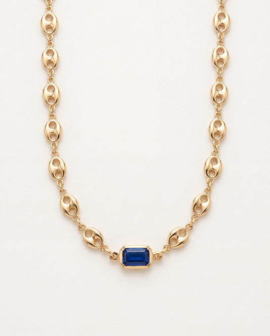 18KT Gold Filled Necklaces, Gold Filled Puff Necklace | Blue Gemstone Accent 16" + Ext by HAUS OF MONOGRAM