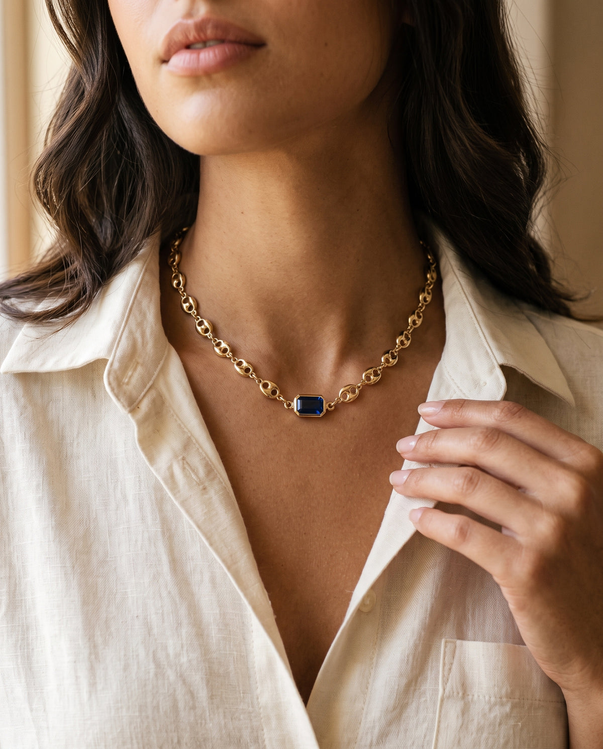 Gold Filled Puff Necklace worn by a model