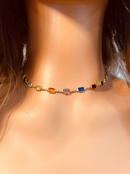 Gold Filled Rectangle Gemstone Necklace | Bold Crystal Chain by HAUS OF MONOGRAM - Necklaces, 12" CHILD / Dark, HOM-1-1607...