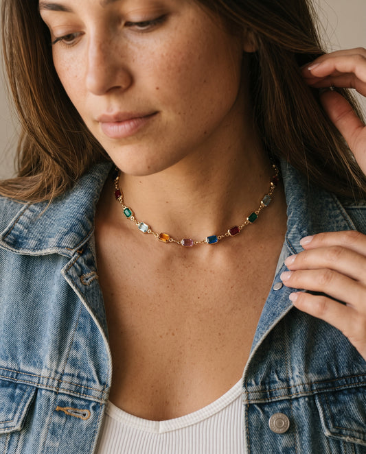 Gold Filled Rectangle Gemstone Necklace worn by a model
