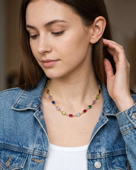 Gold Filled Rectangle Gemstone Necklace worn by a model