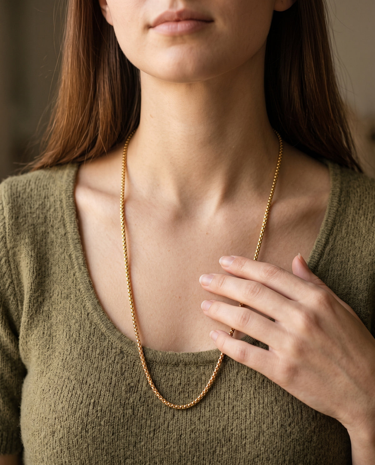 Gold Filled Rolo Chain worn by a model