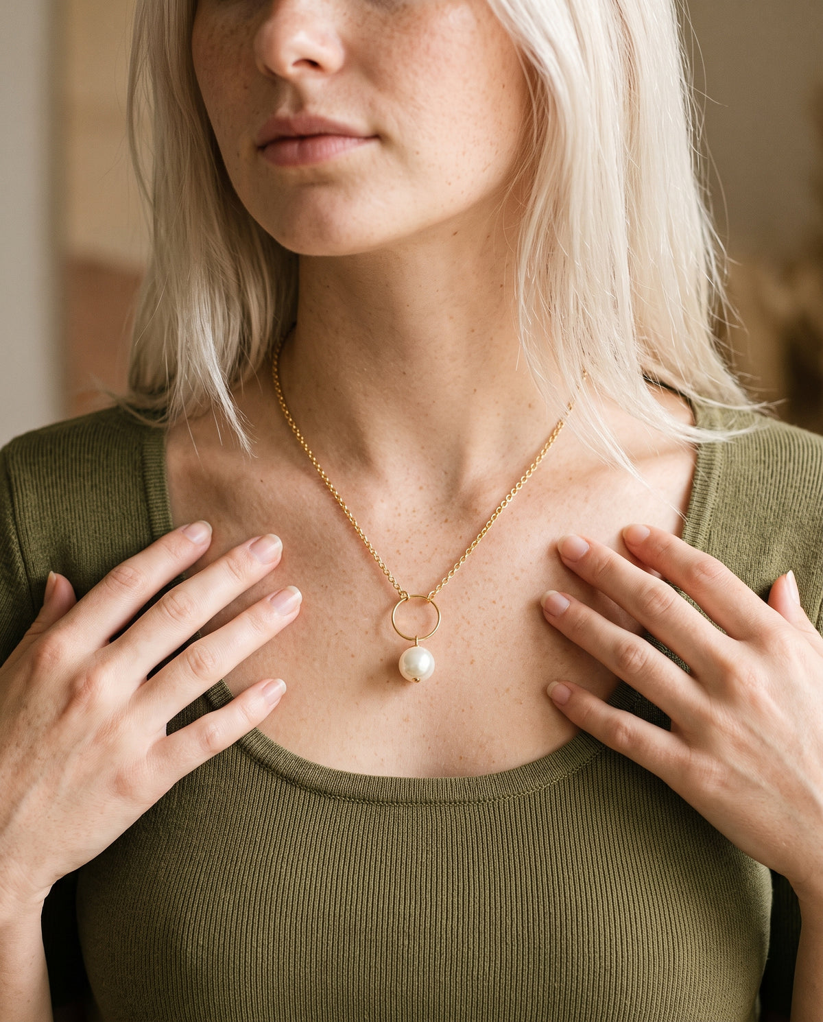Gold Filled Rolo Pearl Necklace worn by a model