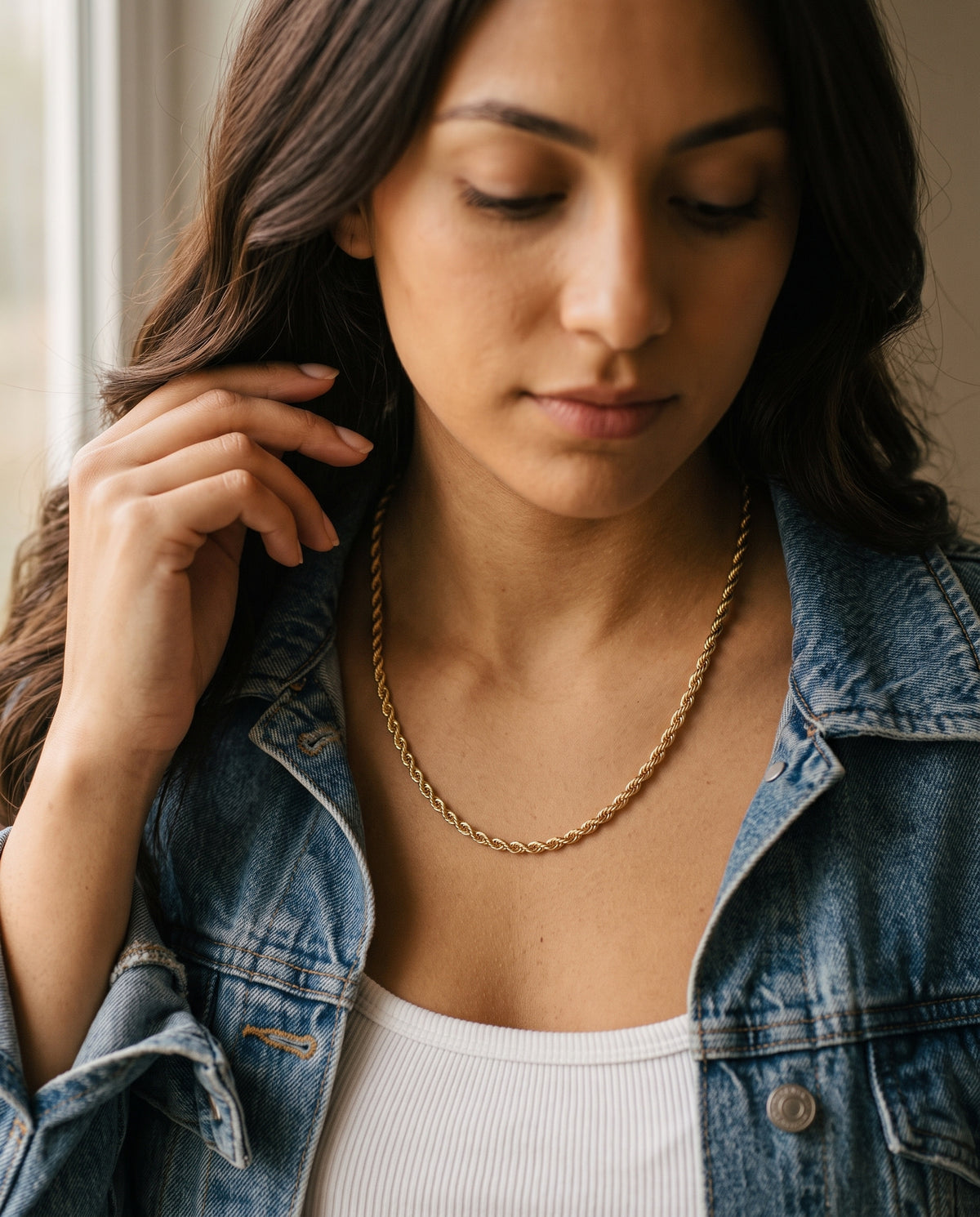 Gold Filled Rope Chain worn by a model