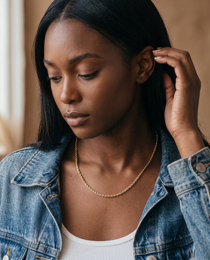 Gold Filled Rope Necklace worn by a model