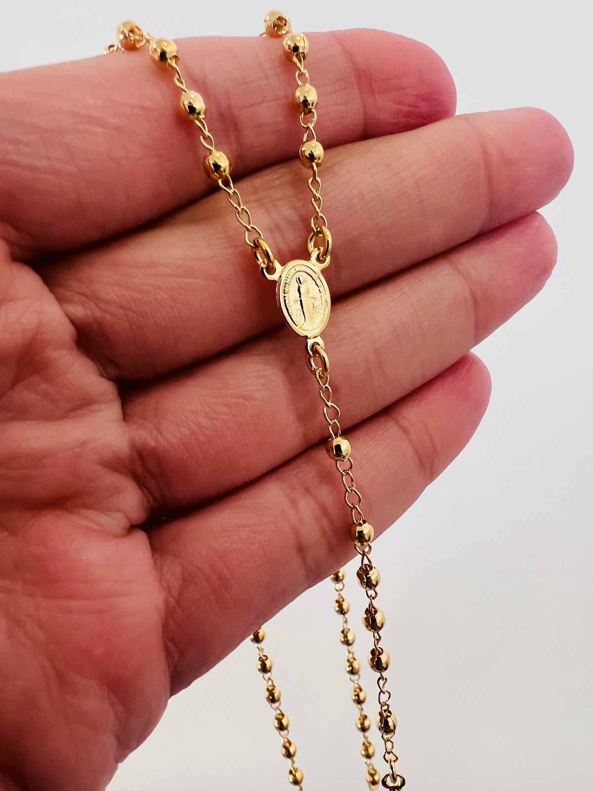 18KT Gold Filled Necklaces, Gold Filled Rosary Necklace | 3mm Beads Virgin Mary Cross by HAUS OF MONOGRAM