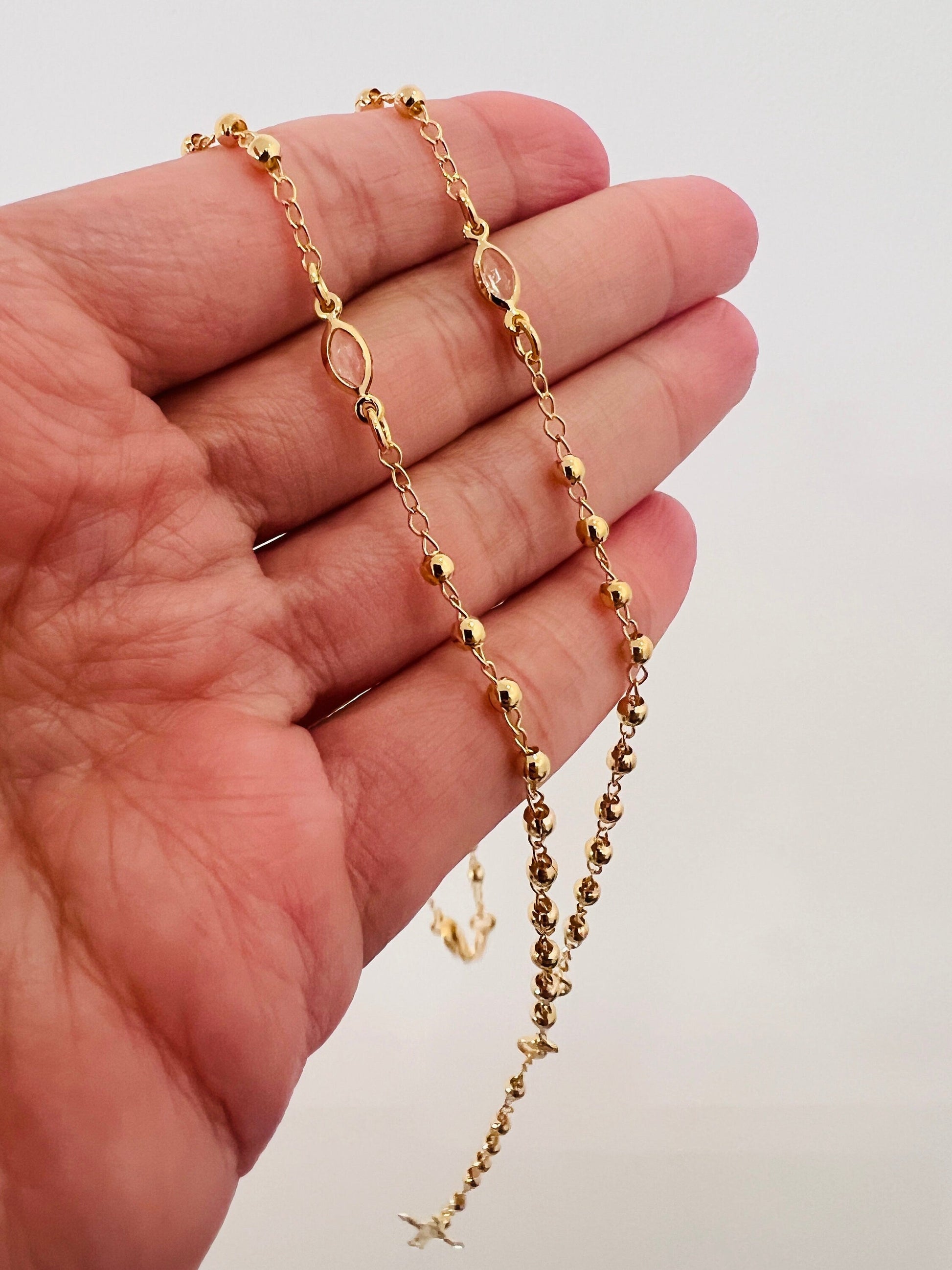 Gold Filled Rosary Necklace | 3mm Beads Virgin Mary Cross by HAUS OF MONOGRAM - Necklaces, , HOM-1-3326