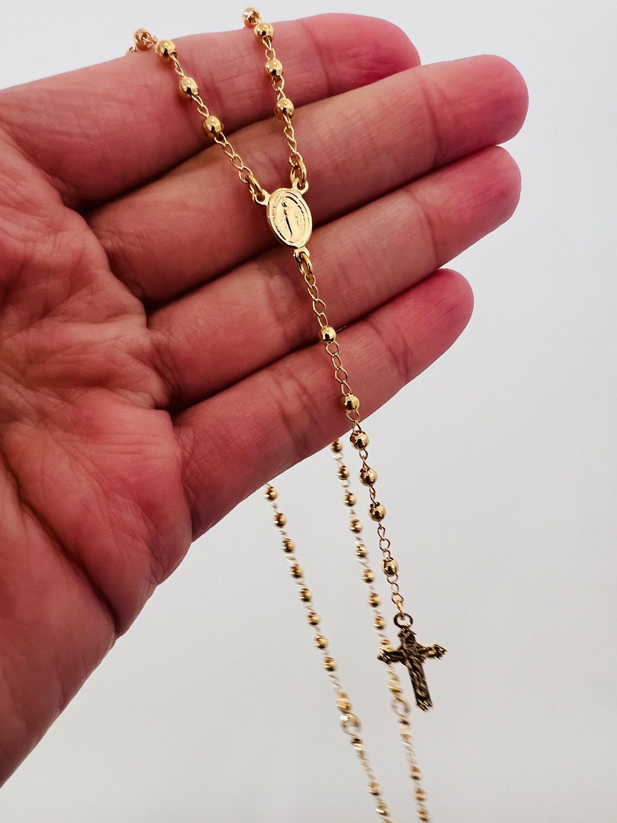 18KT Gold Filled Necklaces, Gold Filled Rosary Necklace | 3mm Beads Virgin Mary Cross by HAUS OF MONOGRAM