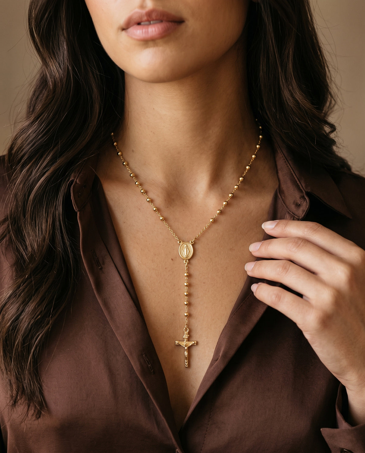 Gold Filled Rosary Necklace worn by a model