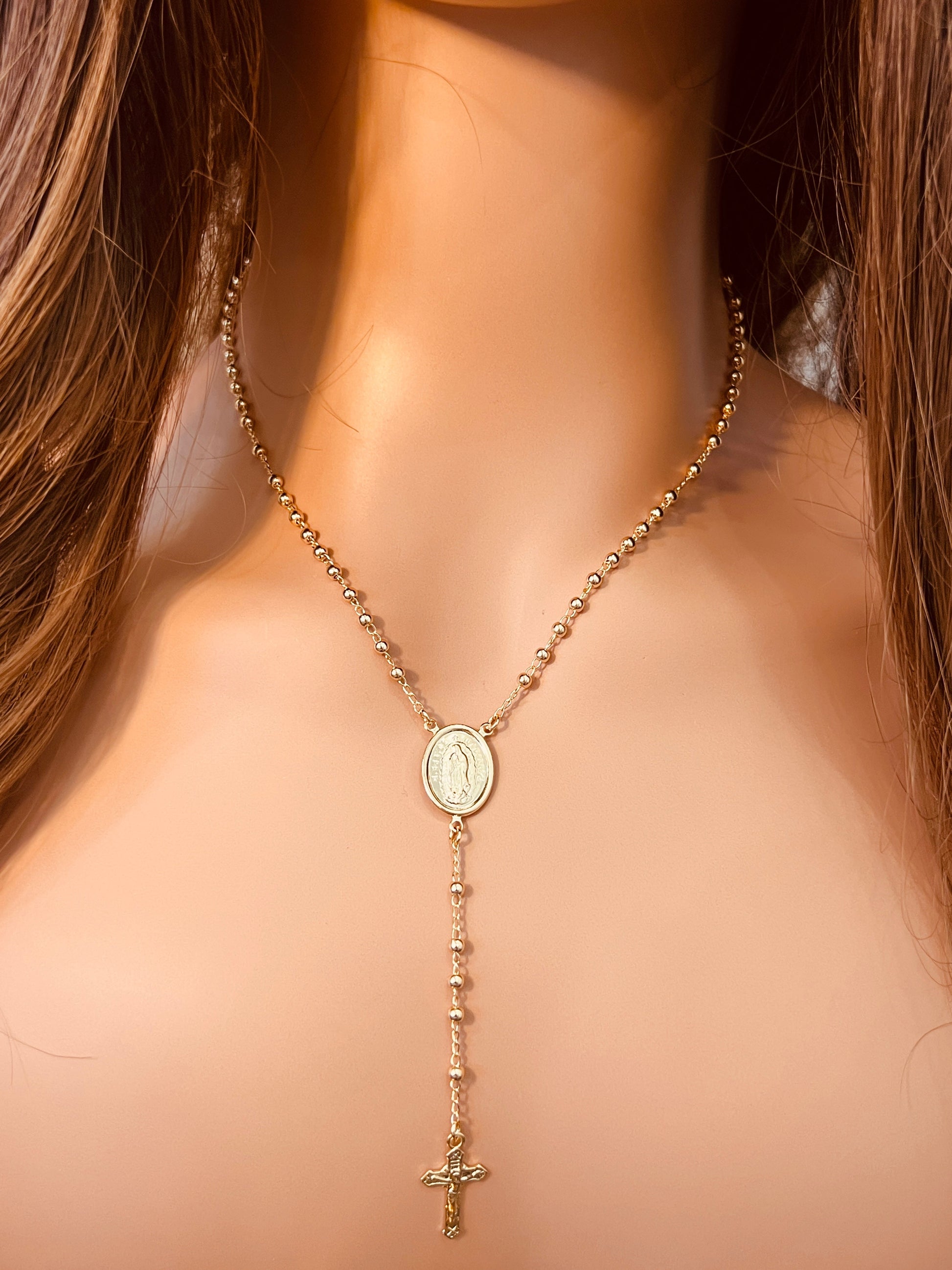 Gold Filled Rosary Necklace | Guadalupe Medal | 18" Chain by HAUS OF MONOGRAM - Necklaces, , HOM-1-3346
