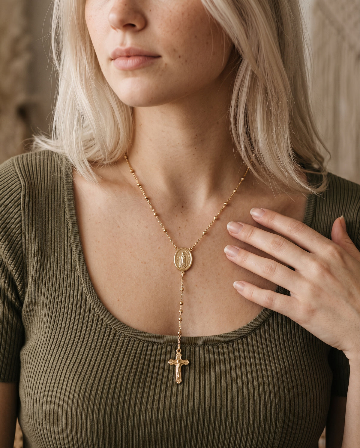Gold Filled Rosary Necklace worn by a model