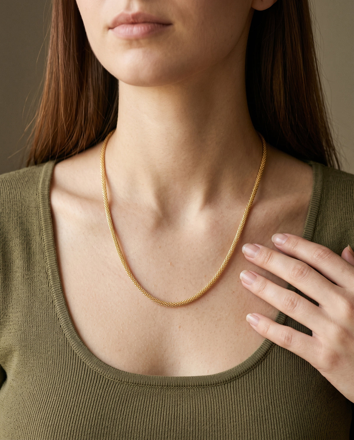 Gold Filled Round Mesh Chain worn by a model