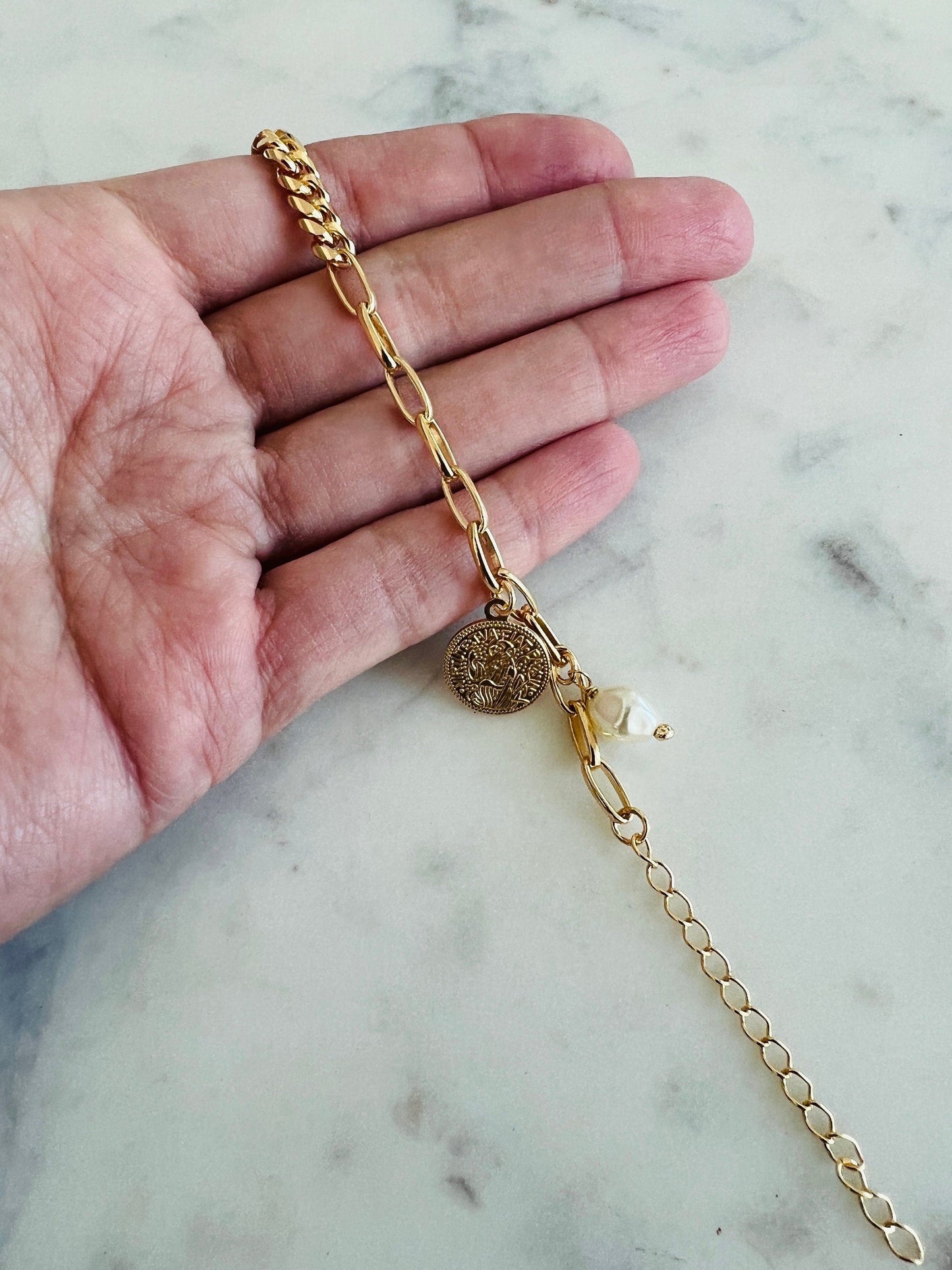 18KT Gold Filled Bracelets, Gold Filled Saint Benedict Charm Bracelet | 7" Dangling Protection Jewelry by HAUS OF MONOGRAM
