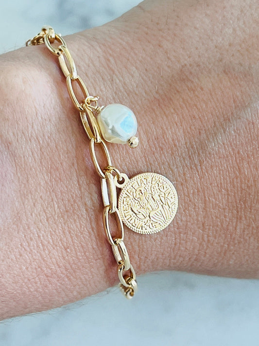 18KT Gold Filled Bracelets, Gold Filled Saint Benedict Charm Bracelet | 7" Dangling Protection Jewelry by HAUS OF MONOGRAM