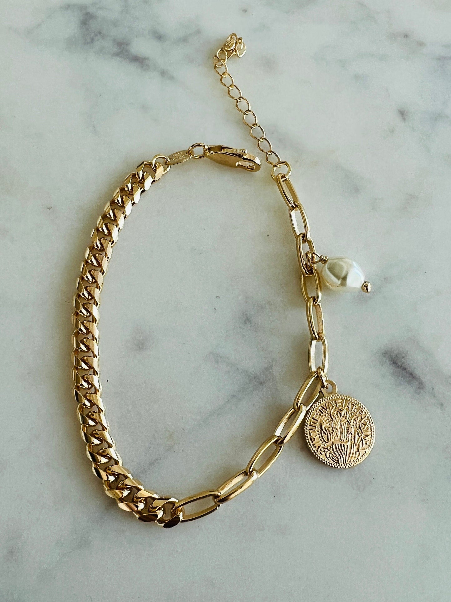 18KT Gold Filled Bracelets, Gold Filled Saint Benedict Charm Bracelet | 7" Dangling Protection Jewelry by HAUS OF MONOGRAM
