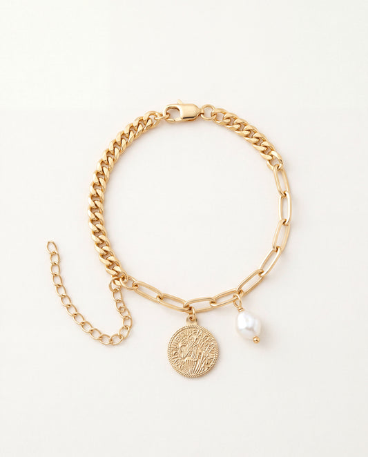 Gold filled mixed chain bracelet with embossed medallion and pearl charm