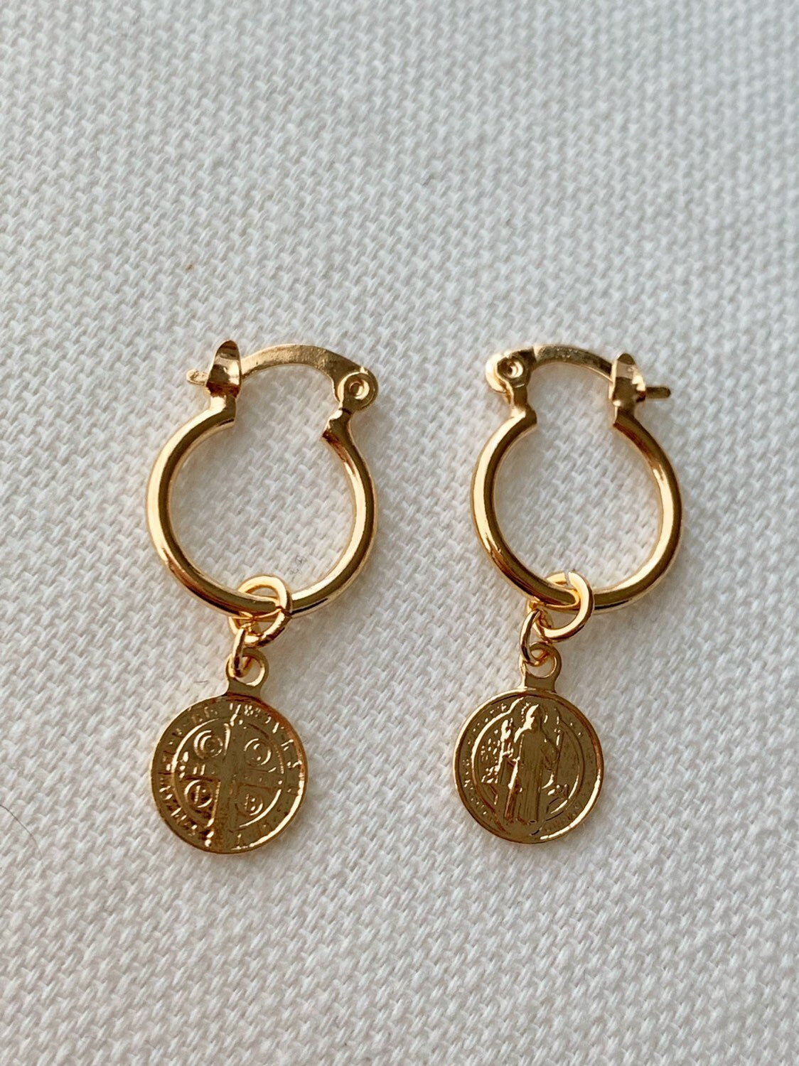 18KT Gold Filled Earrings, Gold Filled Saint Benedict Charm Hoop Earrings | Catholic Protection Jewelry by HAUS OF MONOGRAM