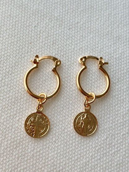 18KT Gold Filled Earrings, Gold Filled Saint Benedict Charm Hoop Earrings | Catholic Protection Jewelry by HAUS OF MONOGRAM