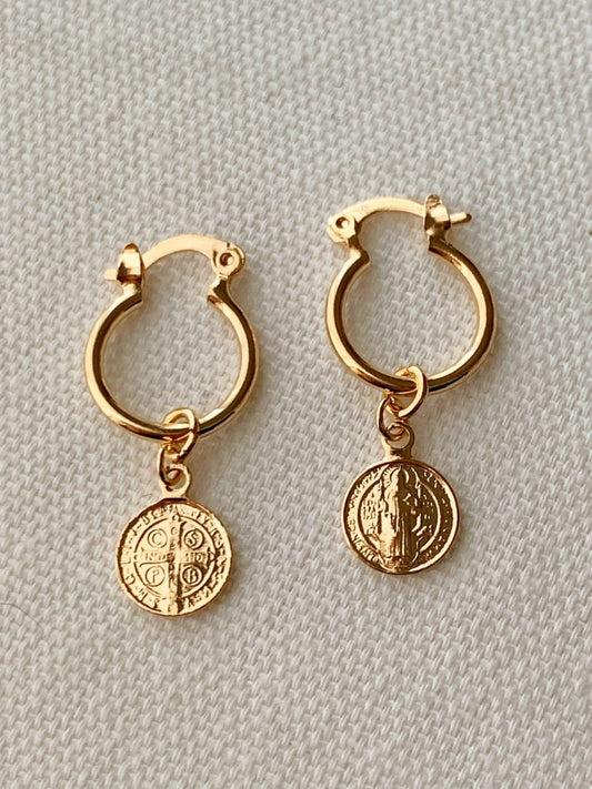 18KT Gold Filled Earrings, Gold Filled Saint Benedict Charm Hoop Earrings | Catholic Protection Jewelry by HAUS OF MONOGRAM