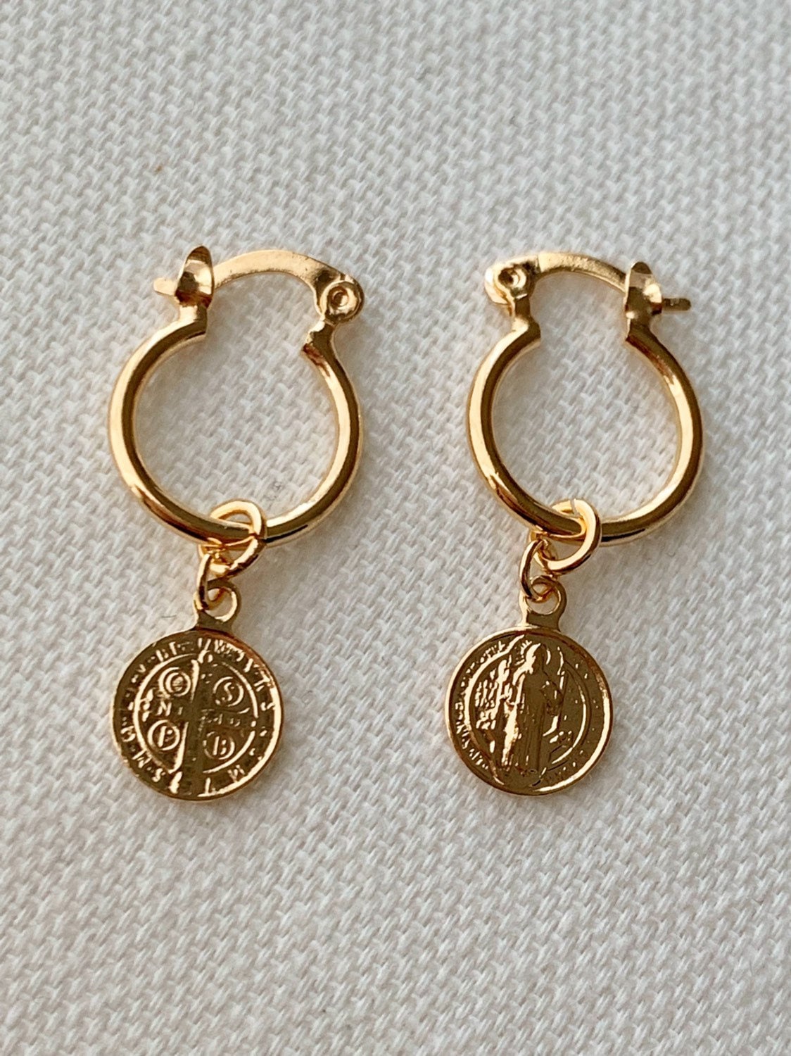 18KT Gold Filled Earrings, Gold Filled Saint Benedict Charm Hoop Earrings | Catholic Protection Jewelry by HAUS OF MONOGRAM