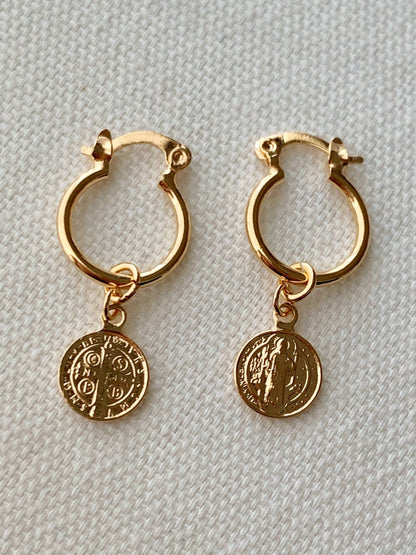 18KT Gold Filled Earrings, Gold Filled Saint Benedict Charm Hoop Earrings | Catholic Protection Jewelry by HAUS OF MONOGRAM