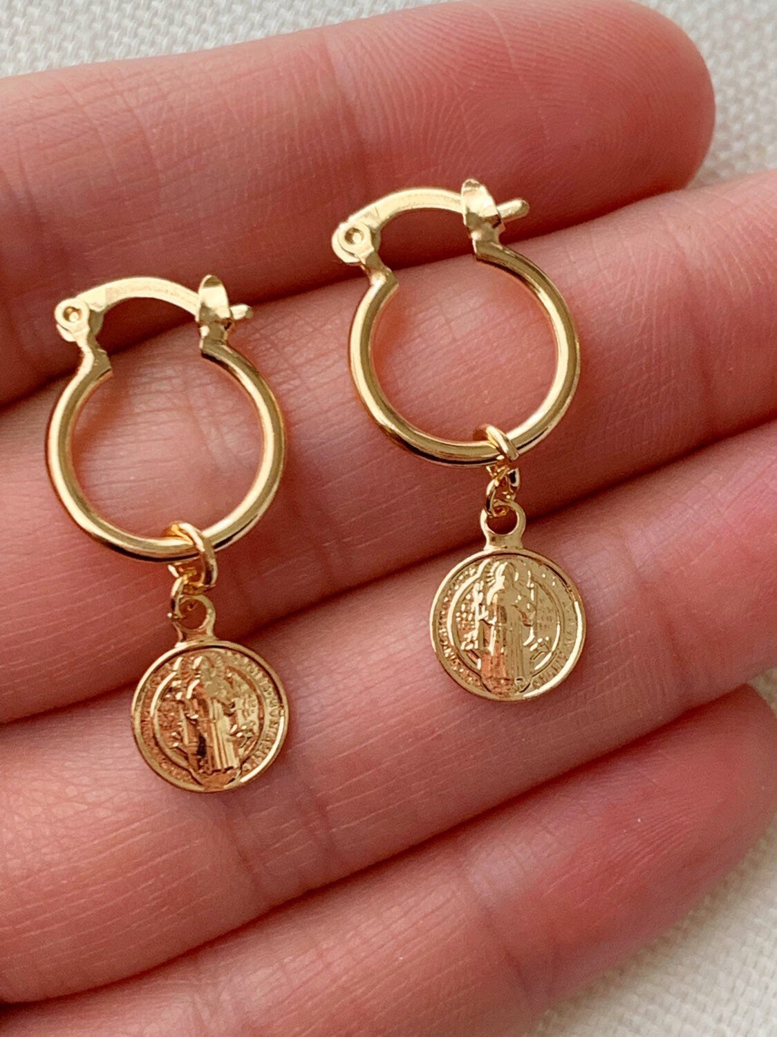 18KT Gold Filled Earrings, Gold Filled Saint Benedict Charm Hoop Earrings | Catholic Protection Jewelry by HAUS OF MONOGRAM
