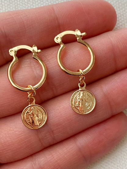 18KT Gold Filled Earrings, Gold Filled Saint Benedict Charm Hoop Earrings | Catholic Protection Jewelry by HAUS OF MONOGRAM