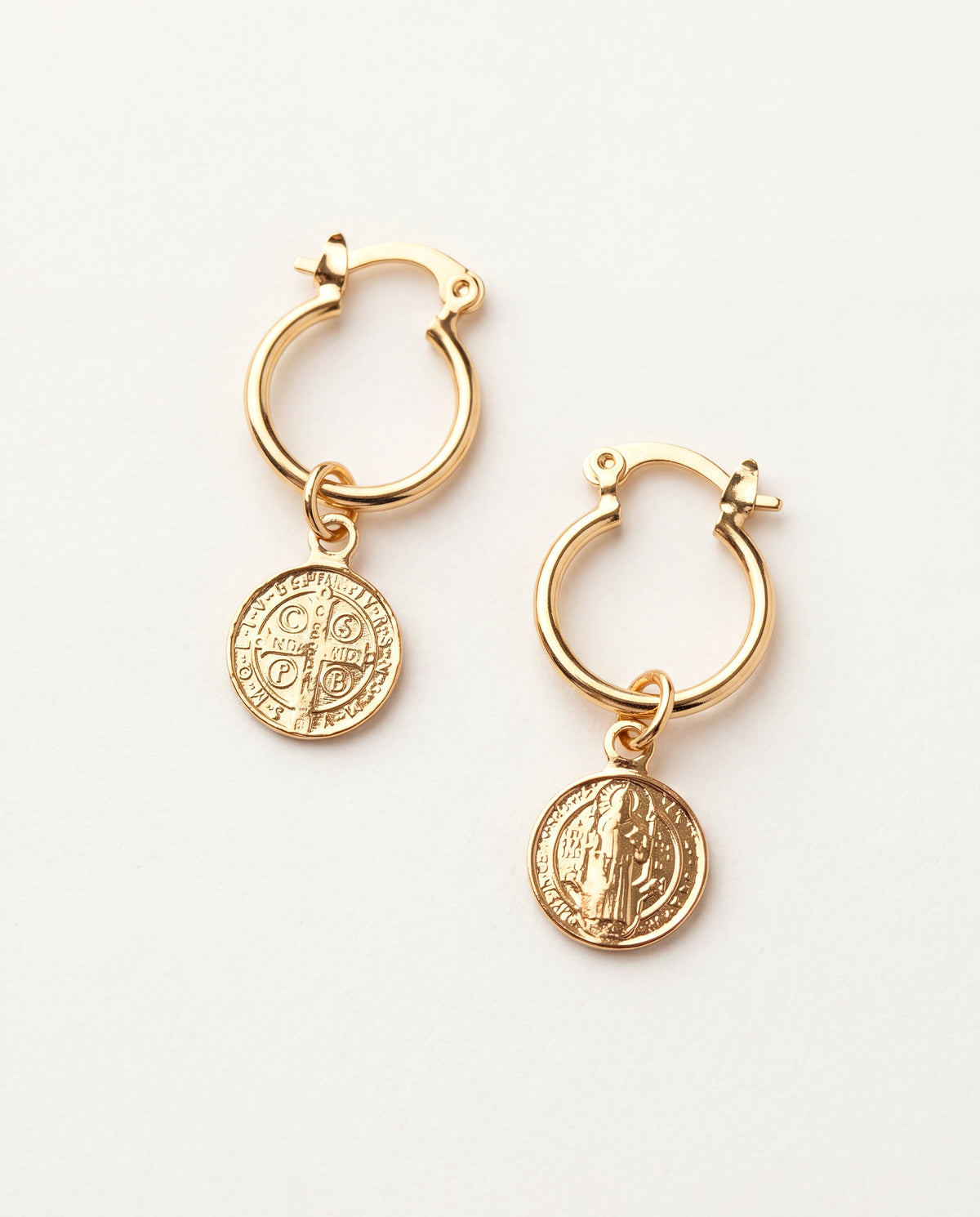18KT Gold Filled Earrings, Gold Filled Saint Benedict Charm Hoop Earrings | Catholic Protection Jewelry by HAUS OF MONOGRAM